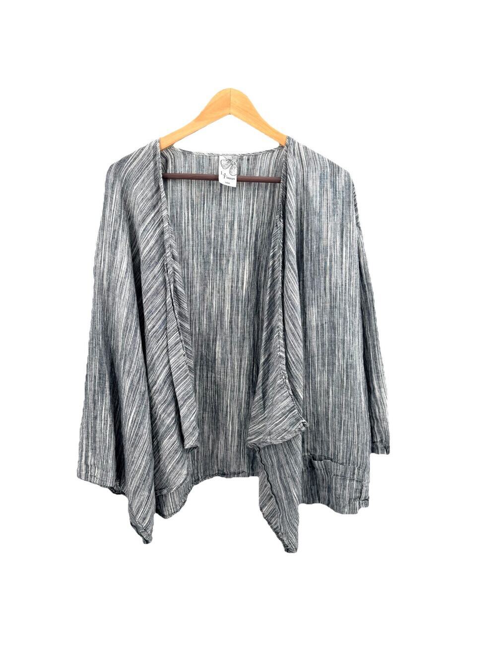 La Fixsun Open Front Cardigan Jacket Blue Striped Lagenlook Boxy Womens Small